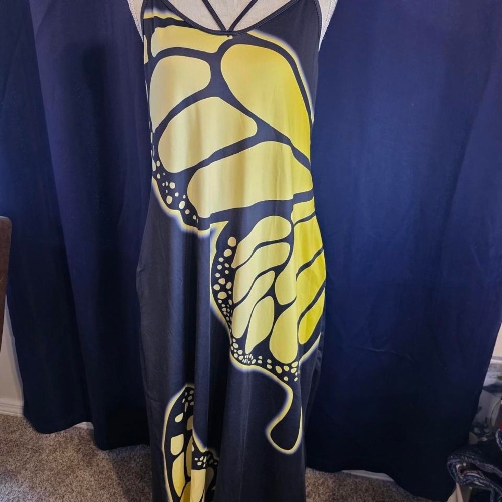 Black and Yellow Butterfly Print Maxi Dress